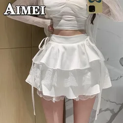 Women's Y2K Clothes Summer White Ruffle Mini Skirt Lace Patchwork Cute High Waist Sexy A-line Short Skirts Korean Style 2023