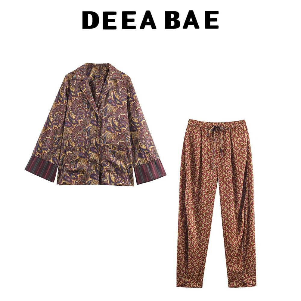 DEEABAE Autumn women's fashion temperament Paisley pajama style shirt lace up printed casual pants set