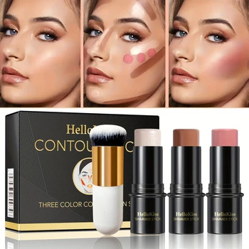 4pcs Contour Stick Set, Highlighter, Blush & Bronzer with Highlight Brush Long-Lasting,…