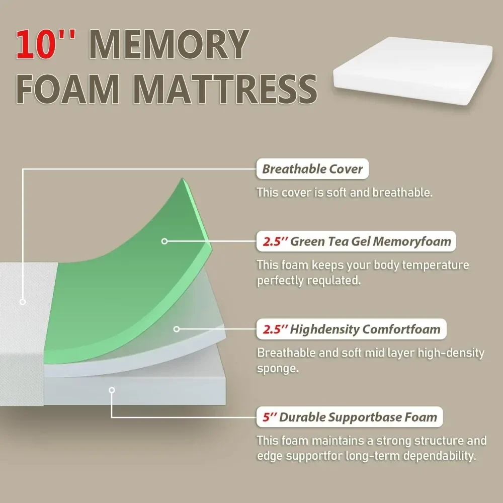 

10 Inch Mattress Green Tea Memory Foam Mattress CertiPUR-US Certified,Removable Soft Cover,Fiberglass Free,King mattresses for