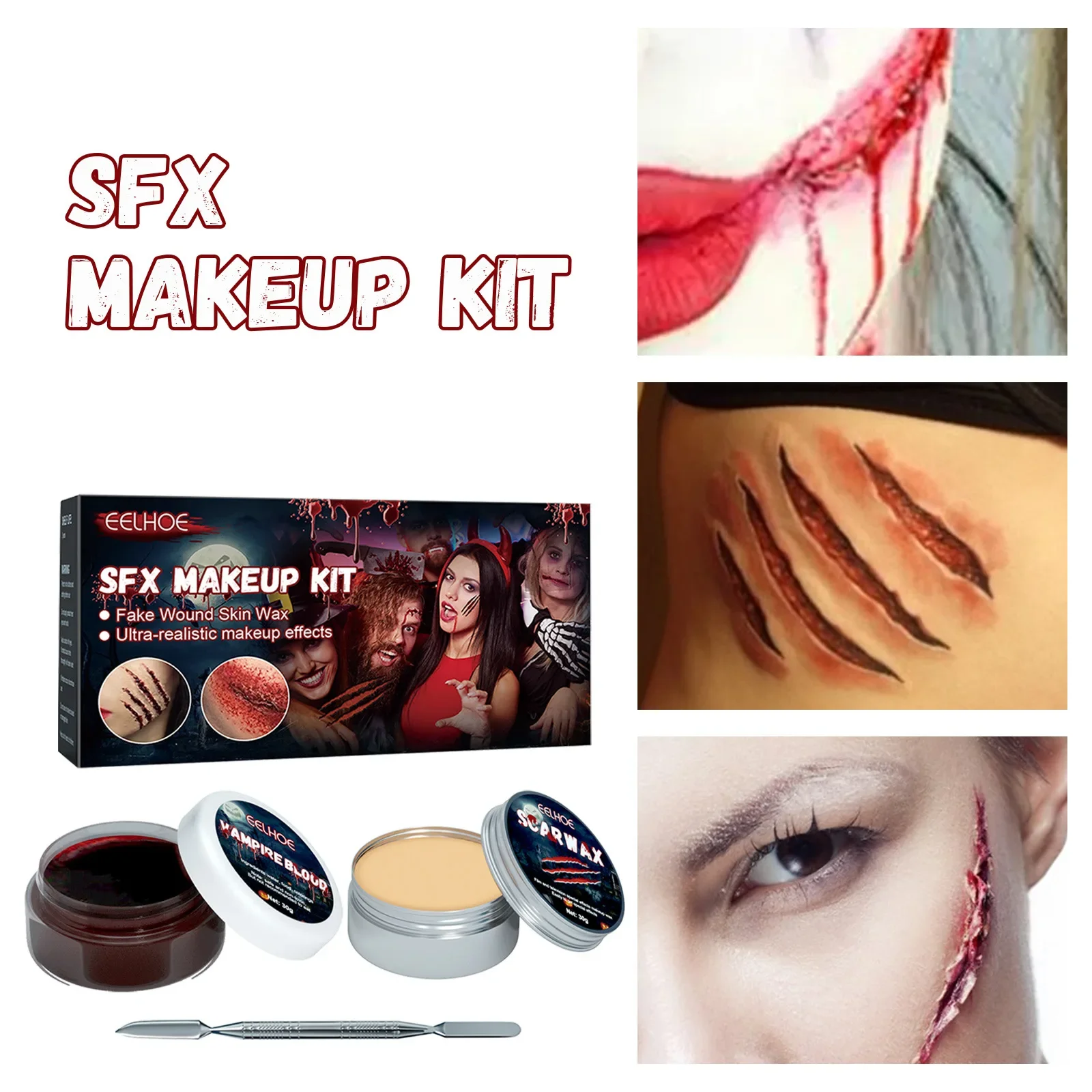 Makeup Kit with Fake Blood Gel Wound Cosmetic with Double-Ended Scraper Wound Simulation Supplies for Stage Dress Up Cosplay