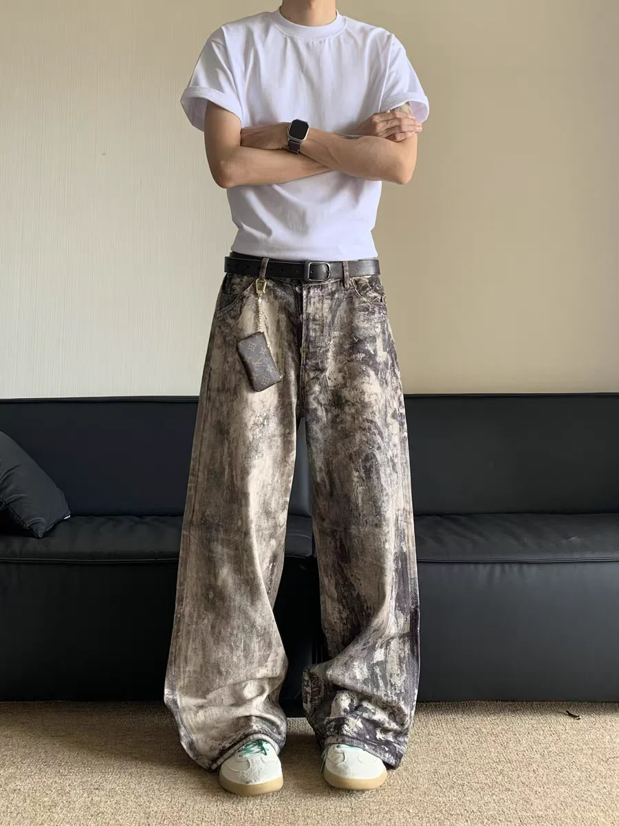 American High Street 3D Digital Camouflage Splatter Ink Print Aged Low Waist Wide Leg Jeans Men Women Trendy Brand Long Pants