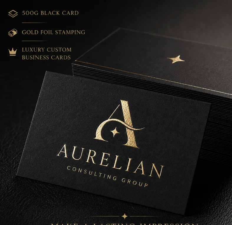 Luxury Black Hot Stamping Thick Paper Business Card with Gold Silver Foil Border Customized Art Paper for Professional Use