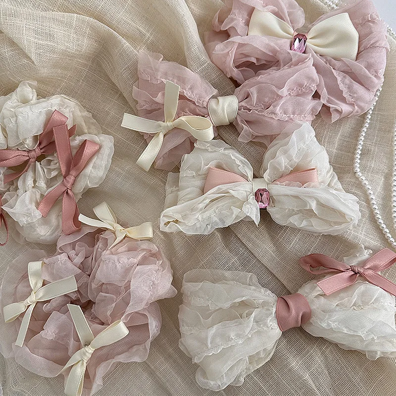 YHJ Ballet Style Ribbon Hair Clips Spring Clip Cream Pink Series Hair Rope Scrunchies Girl's Gift Headdress Hair Accessories