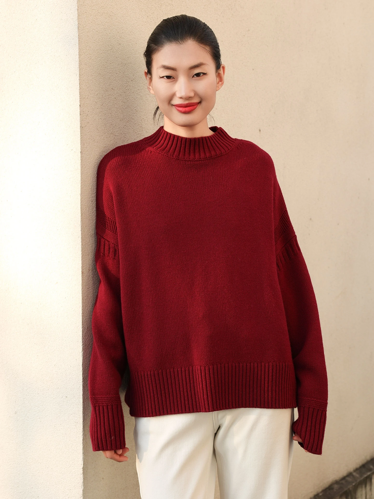 

Bordeaux Red Full Wool Loose Knitted Sweater Women's Winter Thi Warm f High Collar Comfortable Fit Long Sve Crew Ne