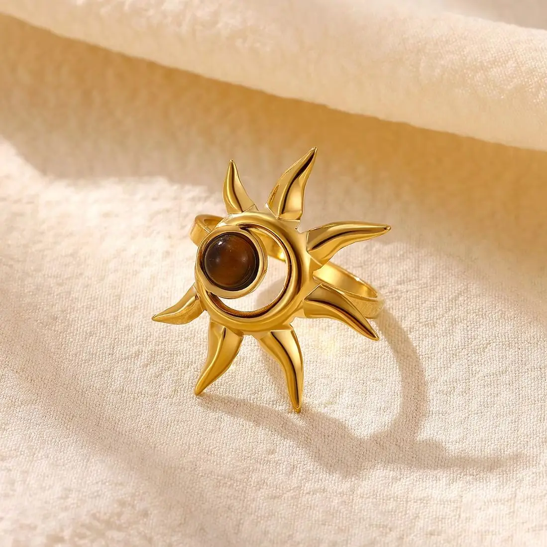Stainless Steel Natural Tiger Stone Sun Rings for Women Imitation Pearl Vintage Autumn Winter Style Personalized Jewelry Gift