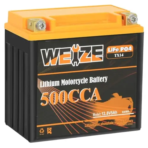 Lithium YTX14-BS, Group 14, 500A LiFePO4 Motorcycle Battery, 12V 5AH ATV, UTV, Jet Ski, 4 Wheeler, Snowmobile, Personal