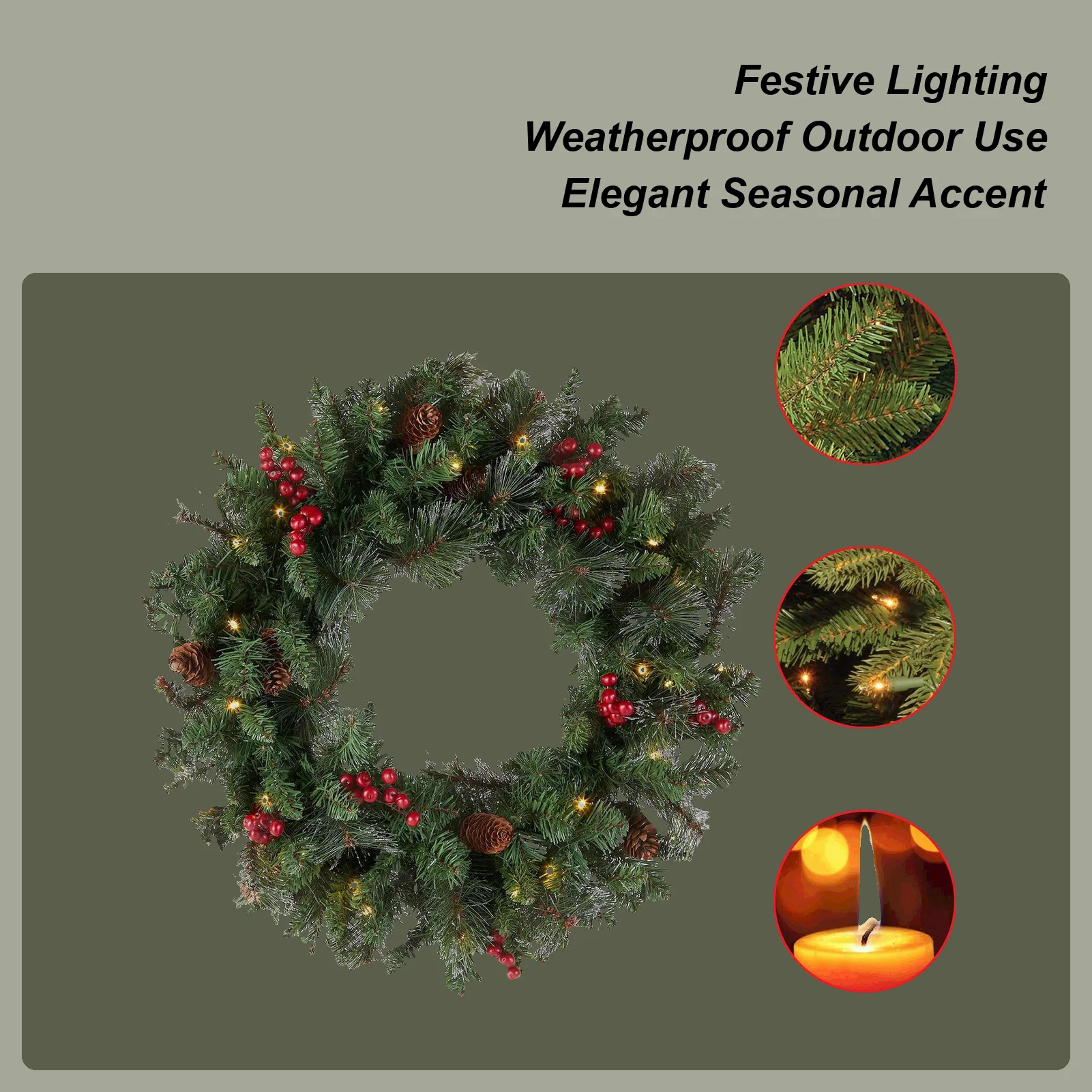 

45cm Christmas Wreath with LED Light Door Hanging Garland Pine for Home Decorations Xmas Party Supplies Happy New Year
