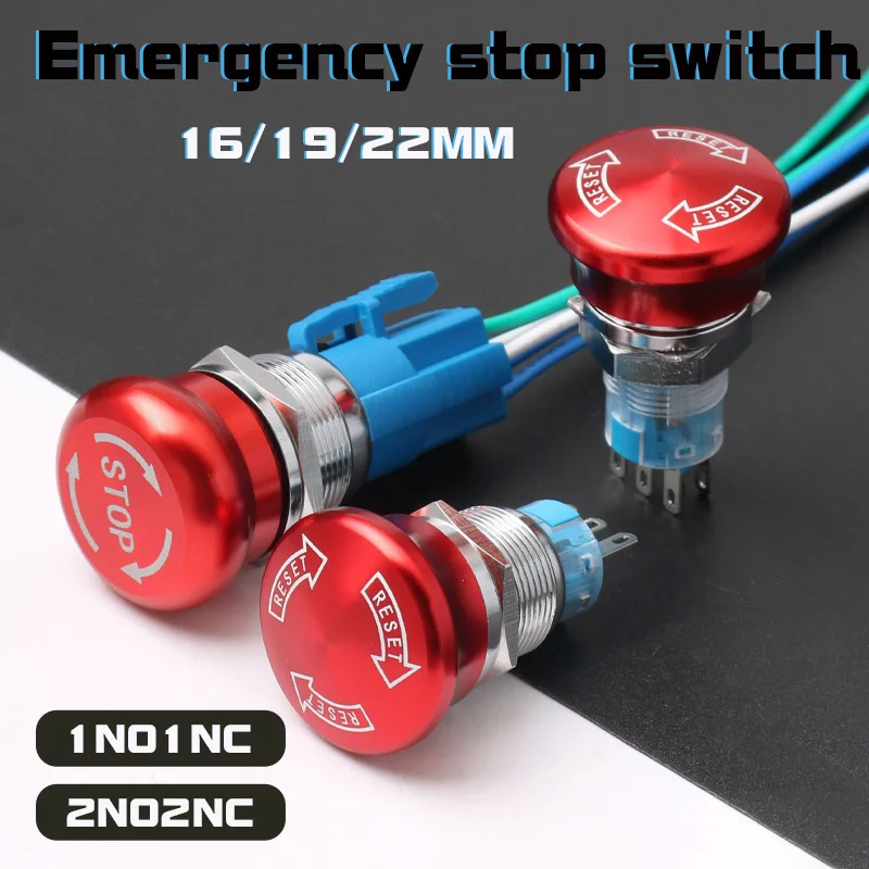 1PCS 16mm19mm22mm Metal Emergency Stop Button Switch Waterproof Mushroom Head Self-locking 3Pins 1NO1NC 6Pins 2NO2NC