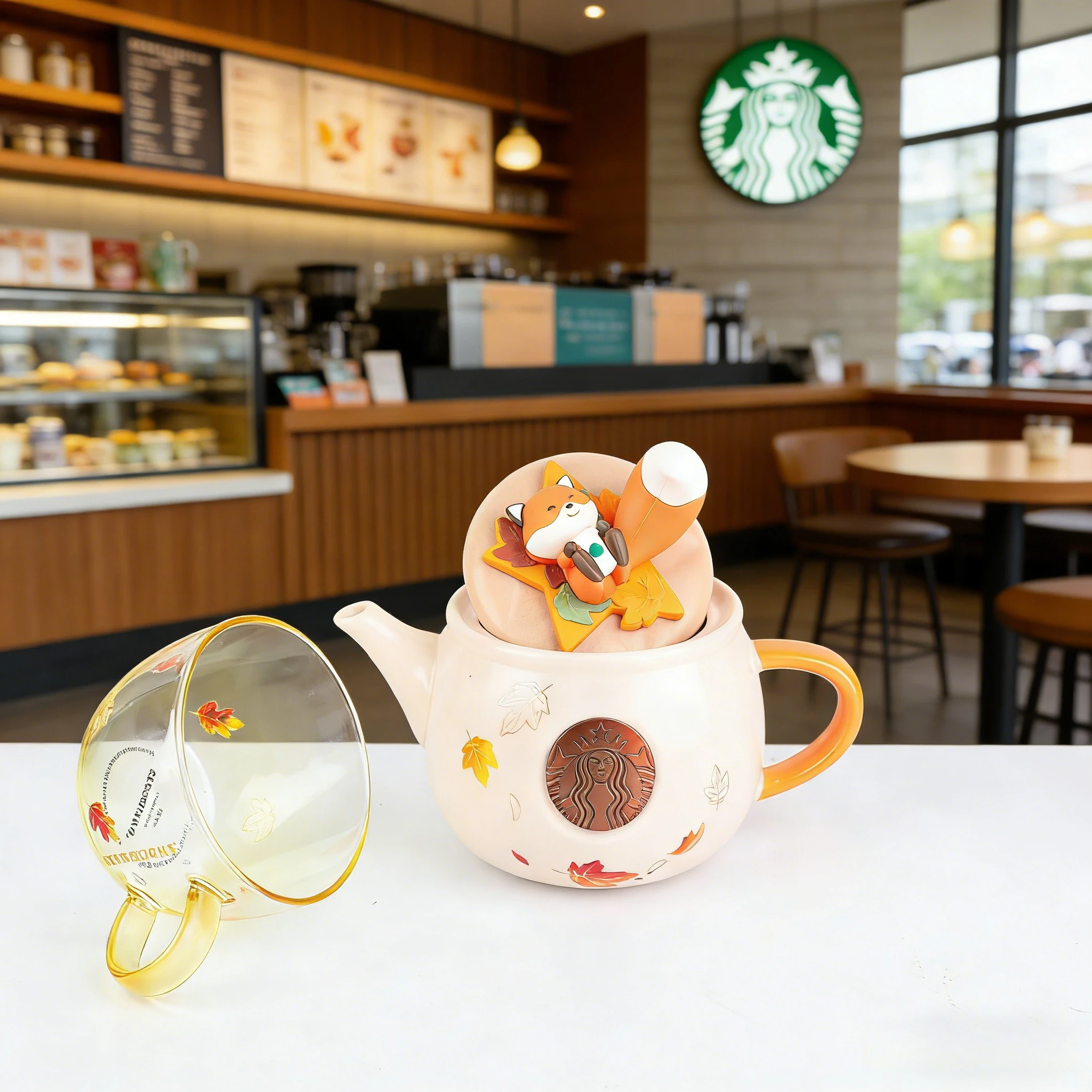 

Starbucks Fox Teapot Set Fall Collection Maple Leaf Pattern Vintage Copper Siren Perfect Valentine's Gift