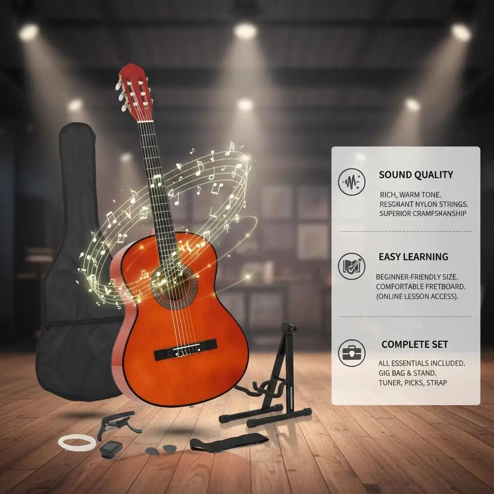 Ensemble complet de guitare classique 2 cm en tilleul massif, manche en plastique rigide, kit 12 pièces avec accessoires complets, son harmonieux, idéal pour les débutants et les amateurs, utilisation au NONE