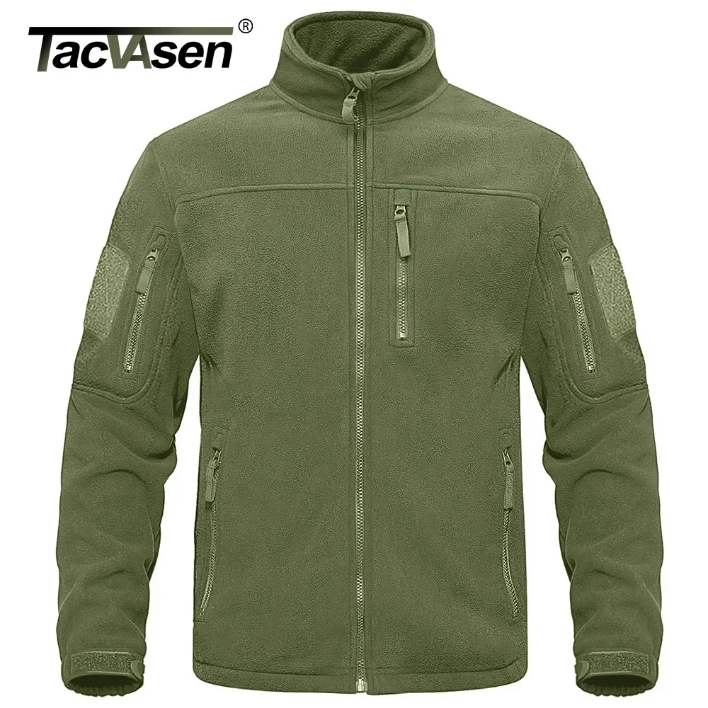 TACVASEN-Chaqueta de forro polar verde con cremallera completa para hombre, abrigos térmicos cálidos de trabajo, chaqueta con bolsillos con cremallera, rompevientos para senderismo, chaqueta Safari