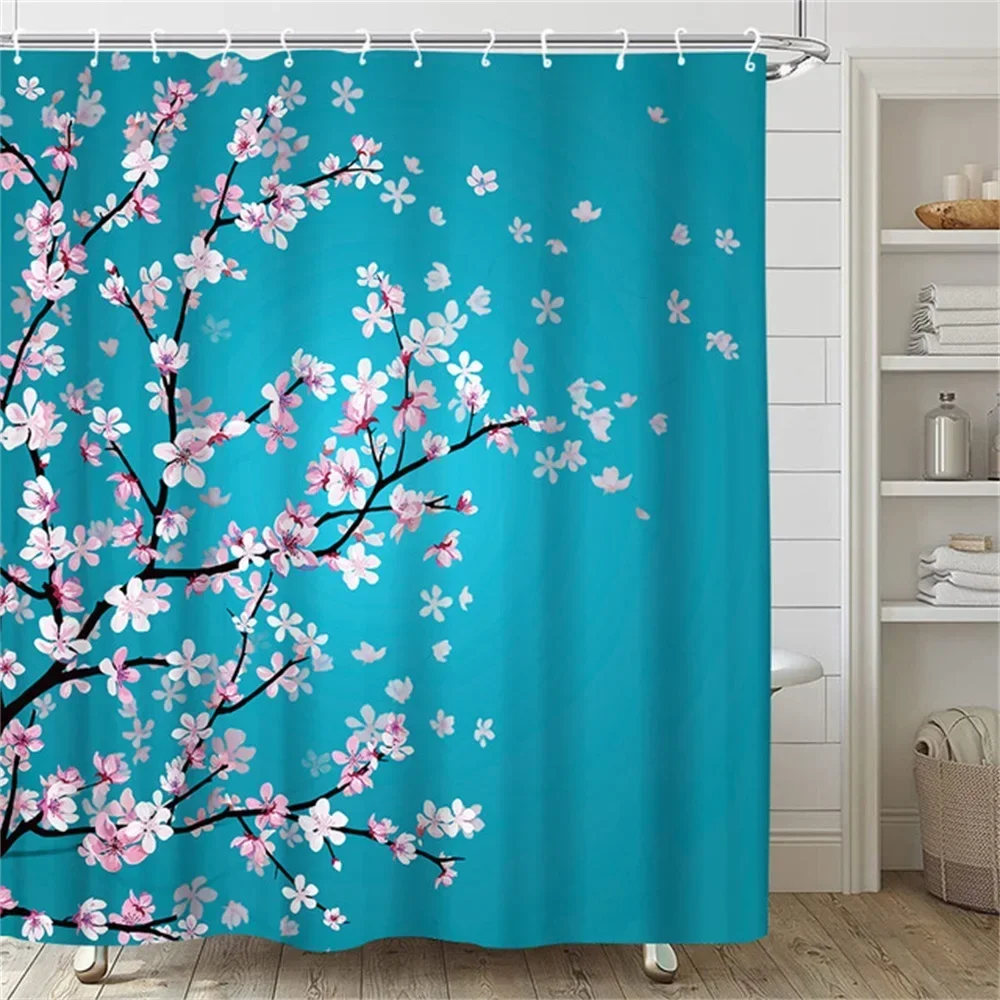 Japanese Shower Curtain Sea Wave Asian Anime Cherry Blossoms Red Sun Floral Scenic Decor Fabric Bathroom Curtain Set with Hooks