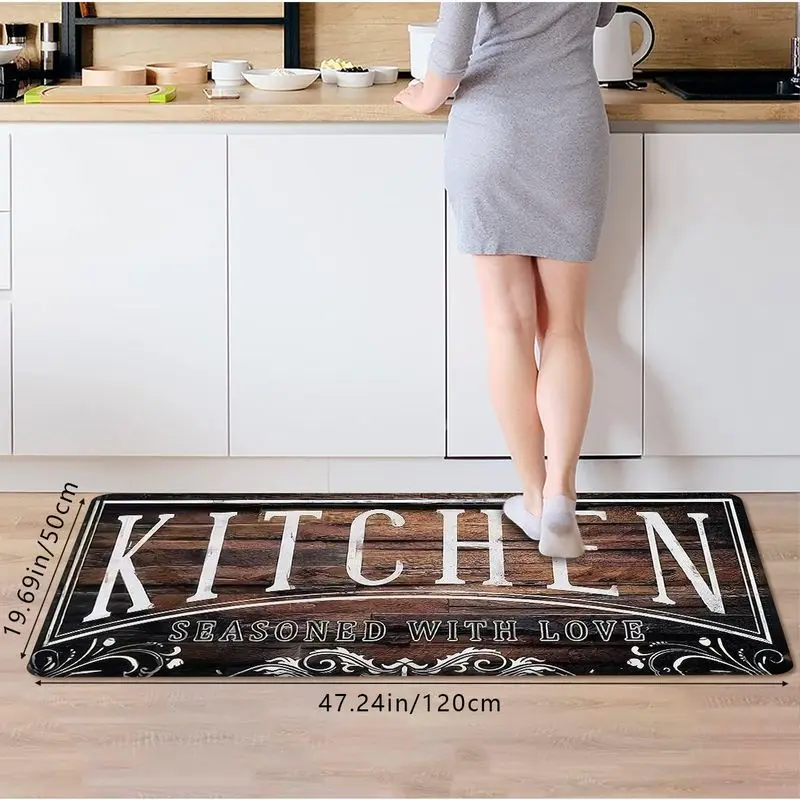 Rustic Wood Grain Kitchen Mat Love in the Kitchen Vintage Floral Bordered Non Slip Mat Laundry Room Home Decor Runner Rug