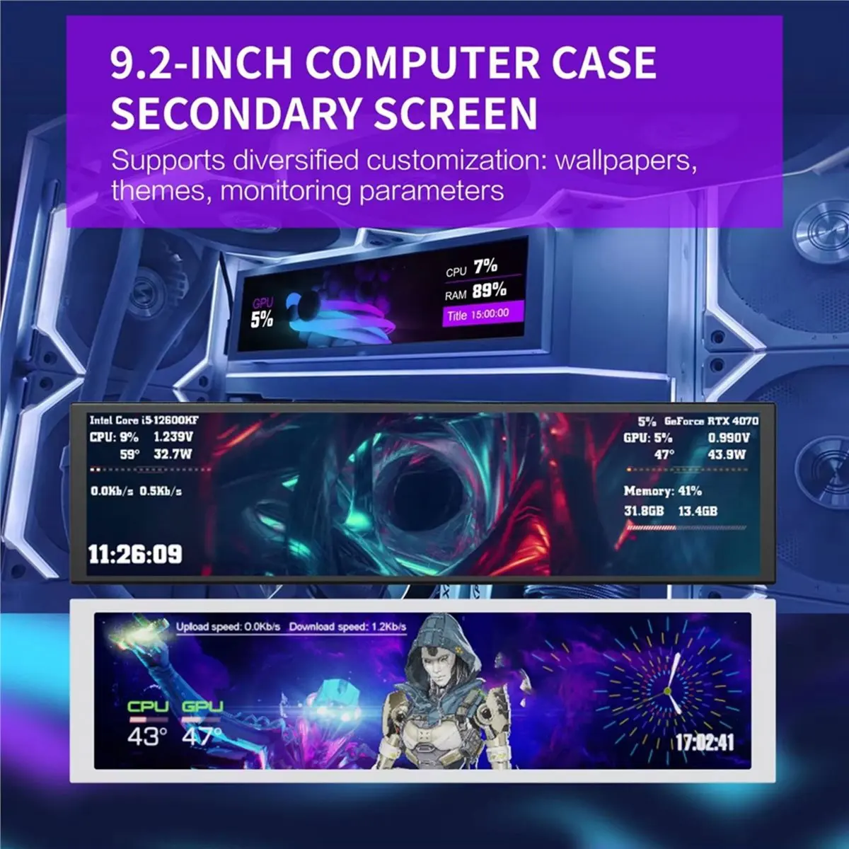 618 Mega Sale D92 Computer Case Sub-Screen 9.2-Inch Long Strip Screen CPU Temperature Monitor Performance Monitoring DIY White