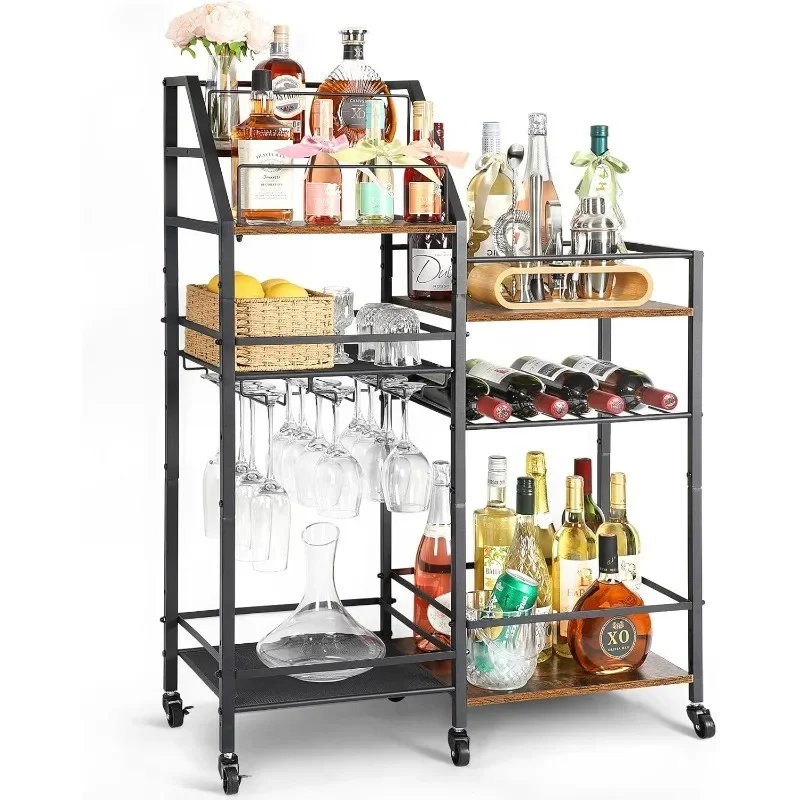 

Compact Rolling Bar Cart with Wine Glass Holder, Home Bar Stand for Whiskey and Wine