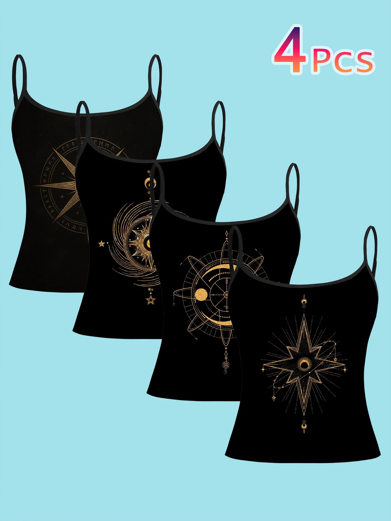 4-Piece Set of Black and Gold Mysterious Star Print Camisoles for Women, Featuring Sun, Moon, and Star Chart Astrology Symbols, Slim-Fit Spaghetti Strap Tops