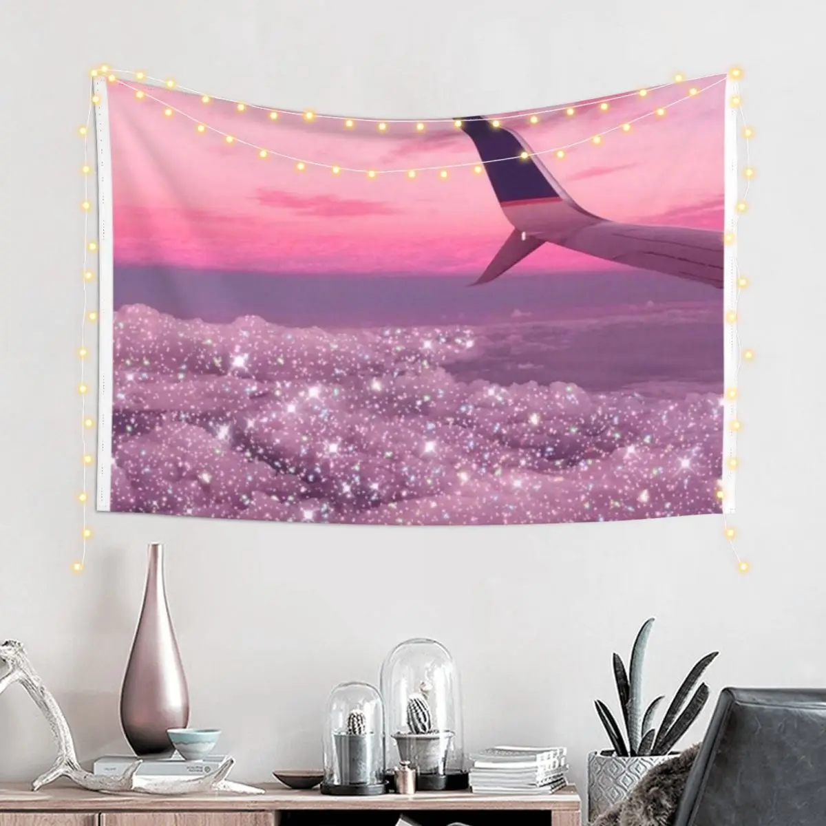 Aesthetic sparkly clouds pastel pink sky airplane view Tapestry Art Mural Funny Custom Tapestry