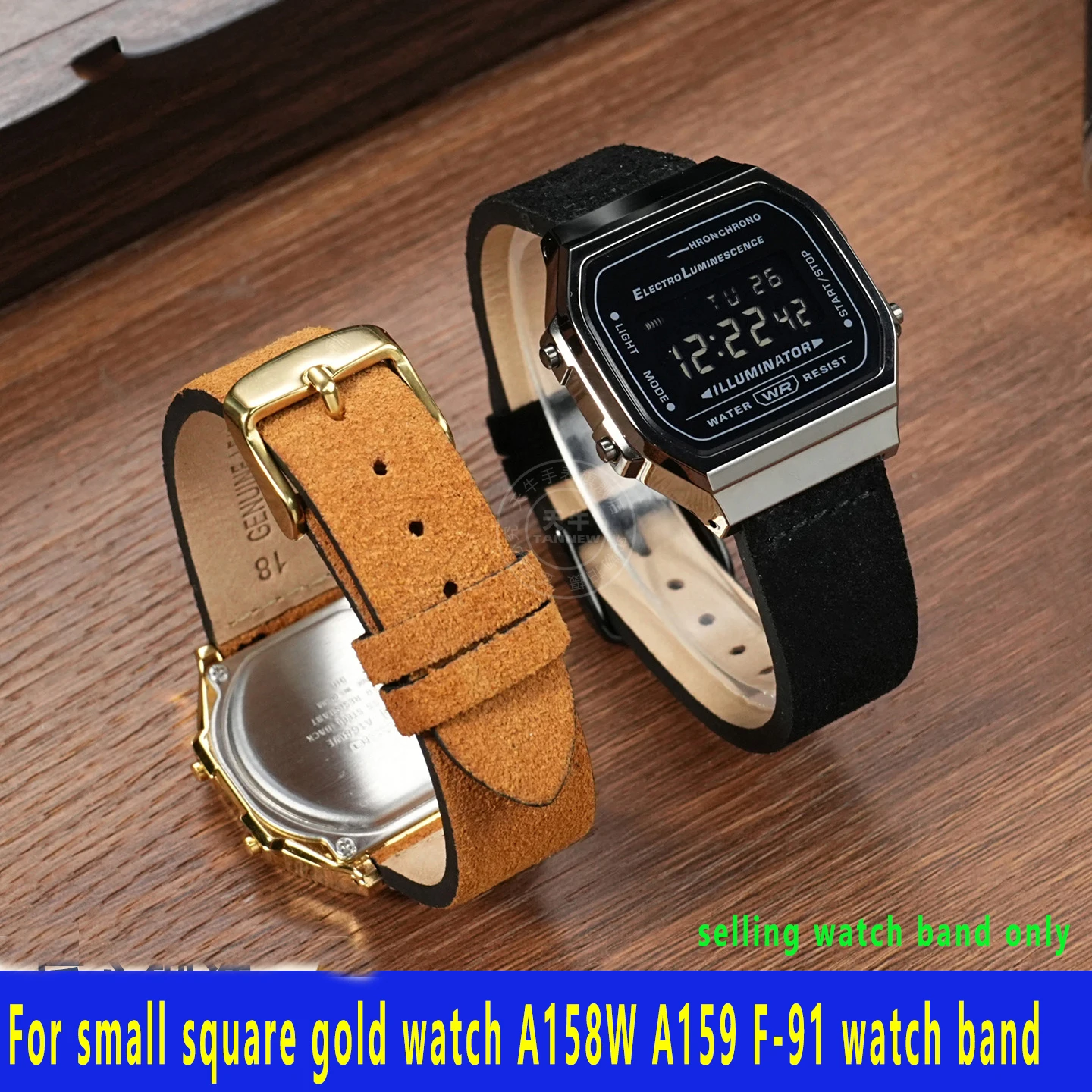 لساعة كاسيو الذهبية المربعة الصغيرة A158W A159 F-91 A158/A168/A169 سلسلة حزام ساعة جلد طبيعي سوار 18 مللي متر