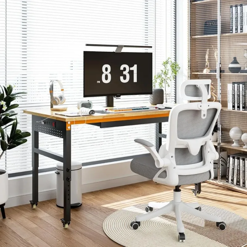 2000 LBS Heavy Duty Work Table with Power Outlets & Pegboard, Rubber Wood Workstation，60" Adjustable Workbench on Wheels