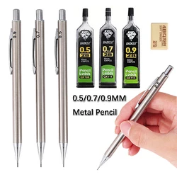 0.5 0.7 0.9mm All Metal Automatic Pencil Comes with Eraser 2B Lead Sketching Painting Writing Tools School Office Stationery