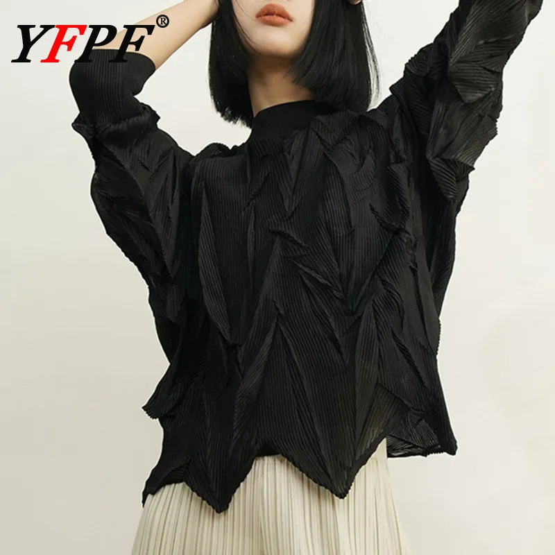 

YFPF Miyake Pleated Design Tops Women Fashion Stand Collar Long Sleeve Irregular Folds Blouse Casual 2025 New Clothing