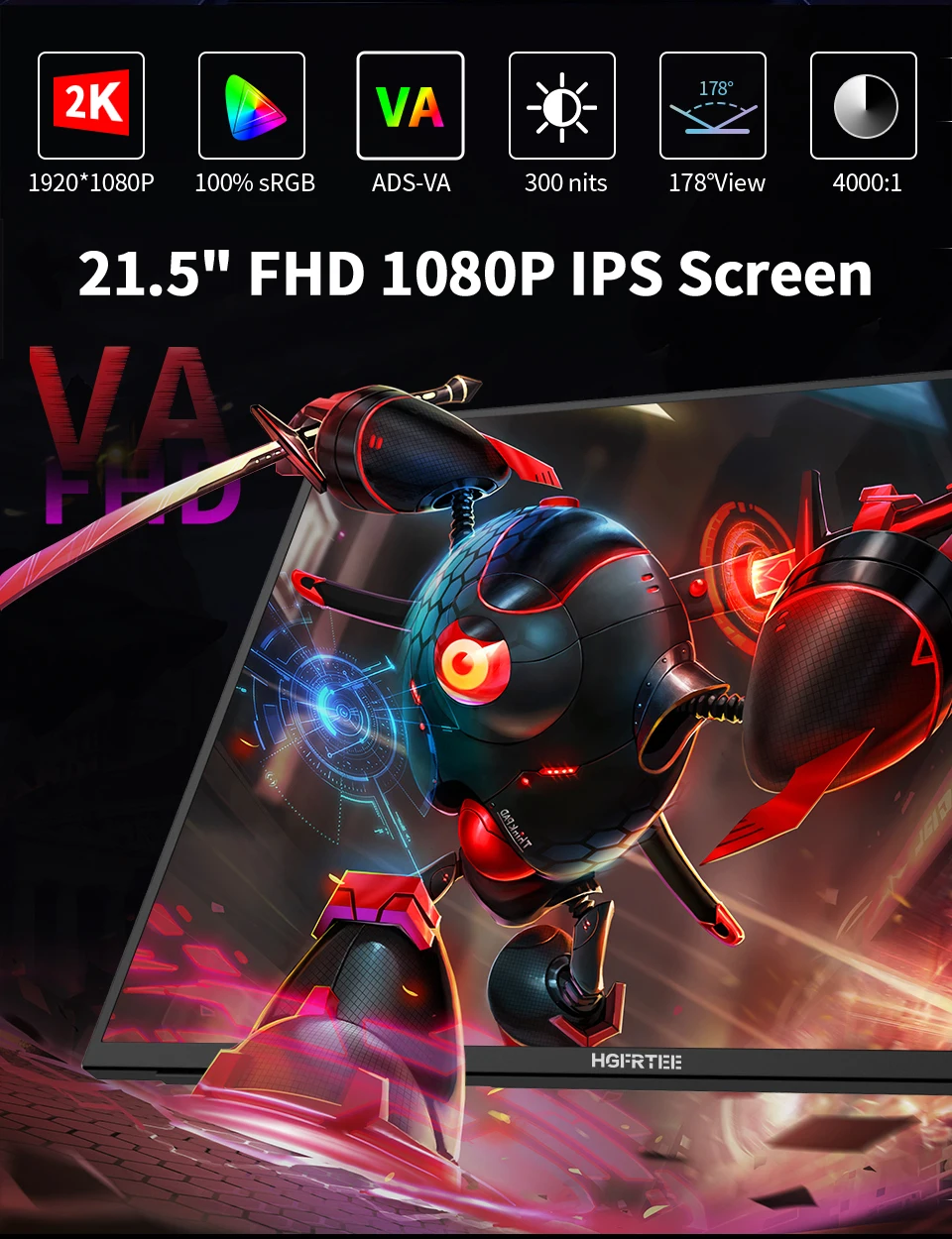 HGFRTEE Tragbarer Monitor 21,5 Zoll 100 Hz FHD Tragbarer Gaming-Monitor mit VESA-Loch USB C Mini HDMI Sekundenbildschirm für Unternehmen – Detail 2