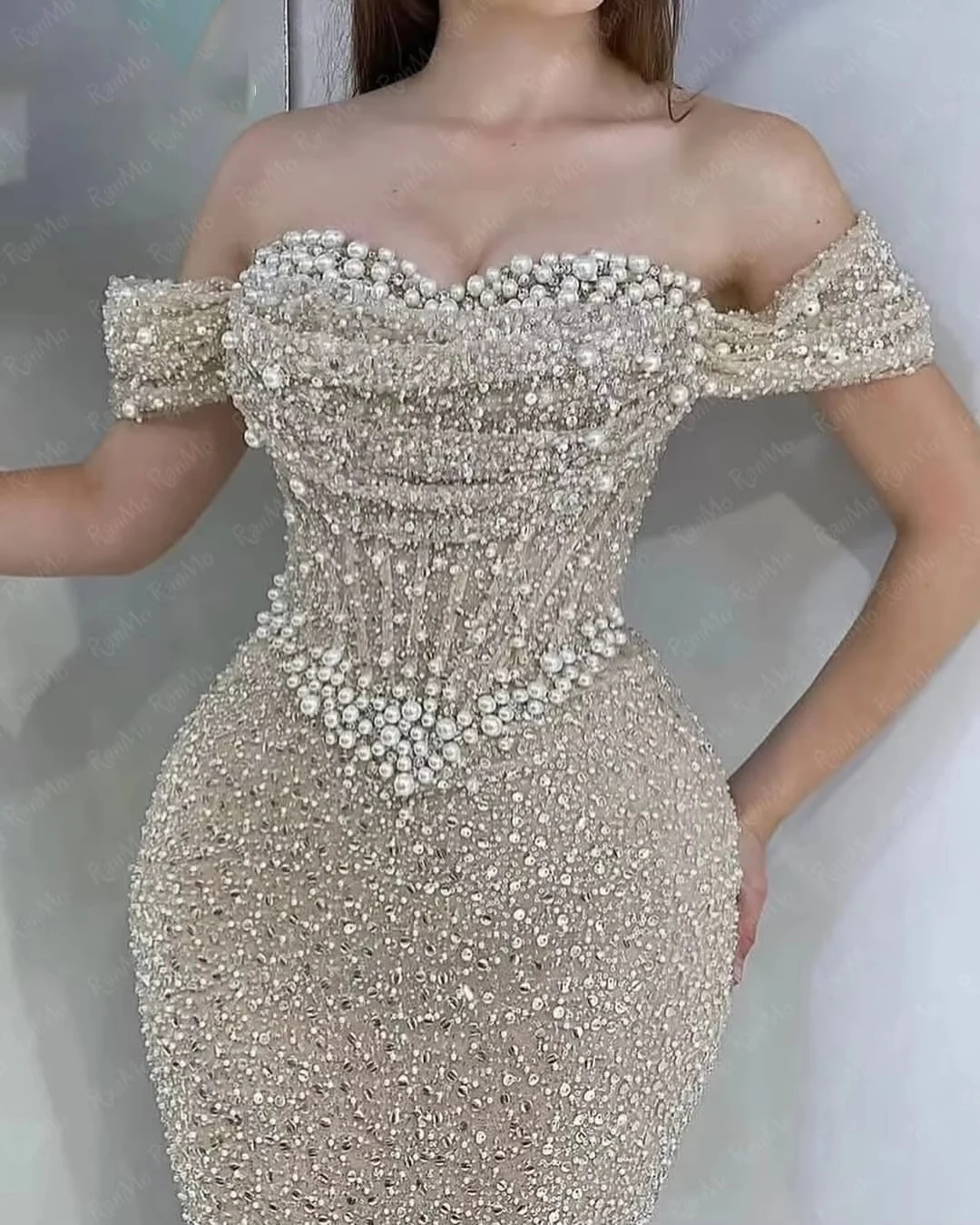 Robes de luxe en dentelle 3D avec perles, deuxième réception, épaules dénudées, paillettes, robes de soirée de bal de célébrité personnalisées