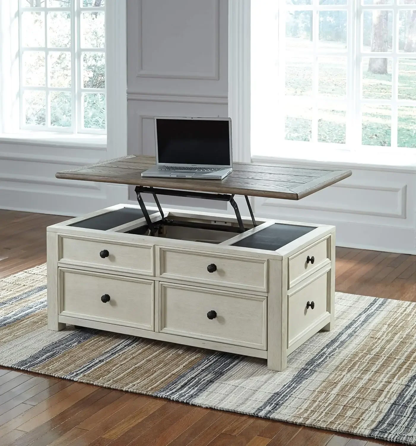 Farmhouse Lift Top Coffee Table with Drawers, Antique Cream & Brown，Made of veneers, wood and engineered wood