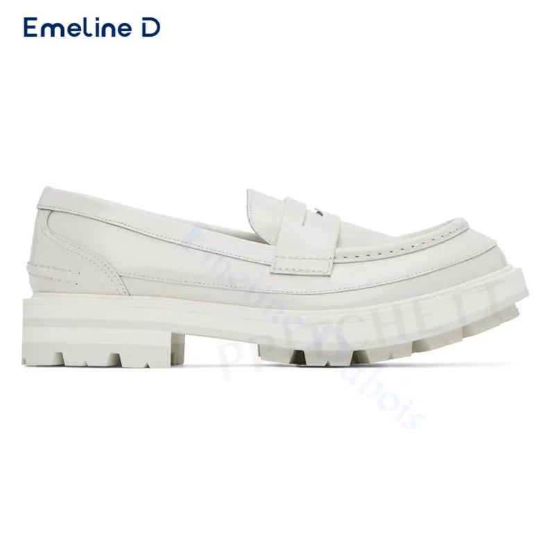 White Slip-On Thick-Soled Loafers Solid Color Simple Leather Casual Shoes Large Size Personality Comfortable Trendy Men's Shoes