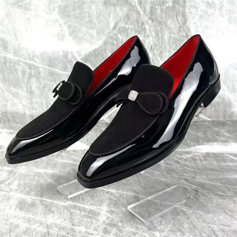 Qianruiti High Quality Handmade Black Patent Leather Loafers Bowknot British Square Toe Wedding Party Office Shoes for Man