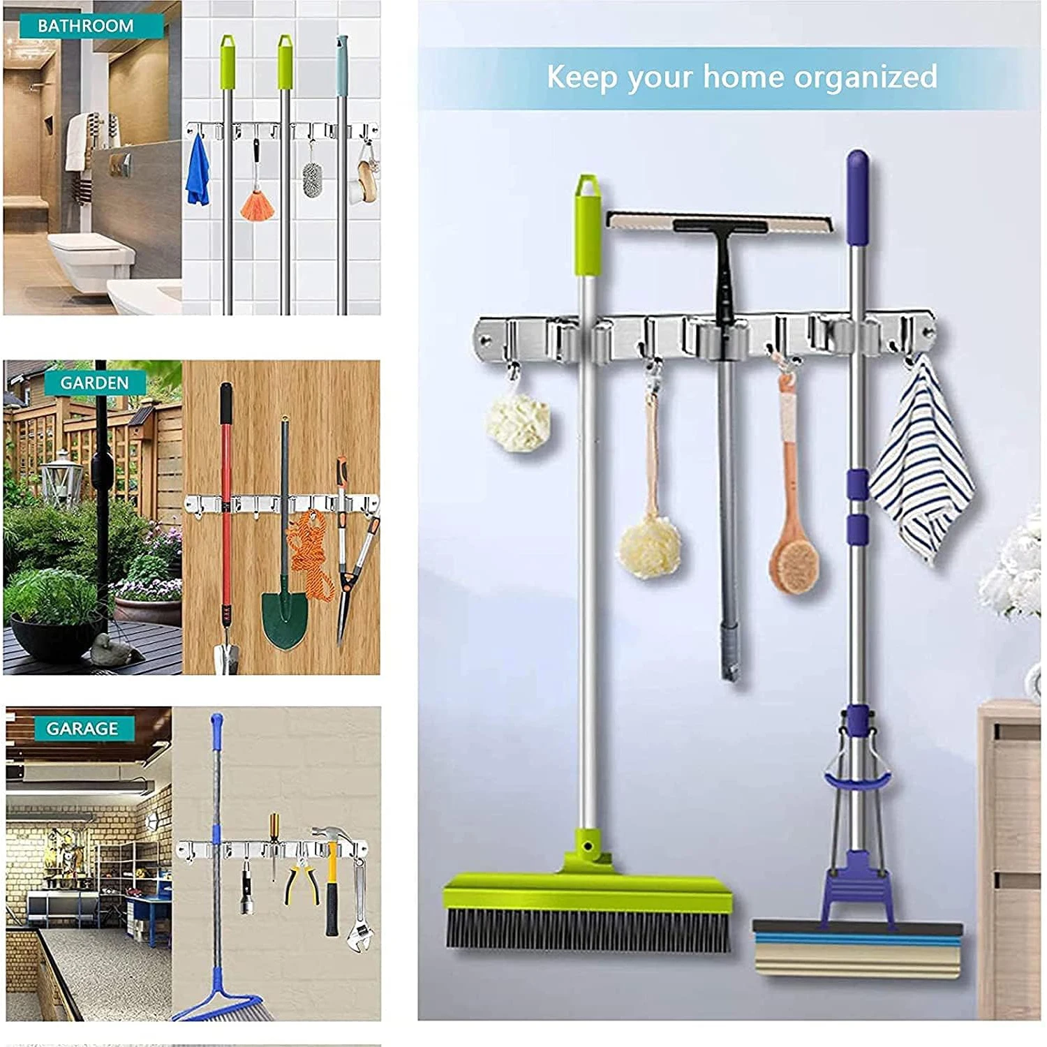 Broom Holder Mop Hanger Wall Mount Metal Organization Garage Storage Garden Kitchen Tool Organizer