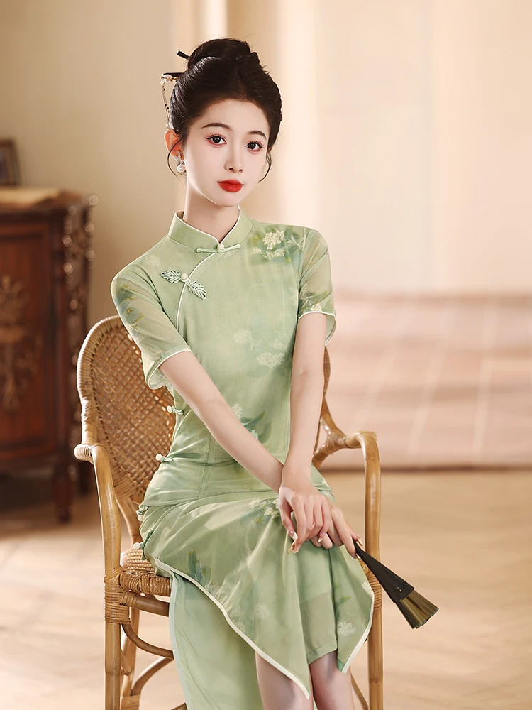 

Новое китайское модное женское платье с принтом, высококачественное летнее длинное платье с коротким рукавом