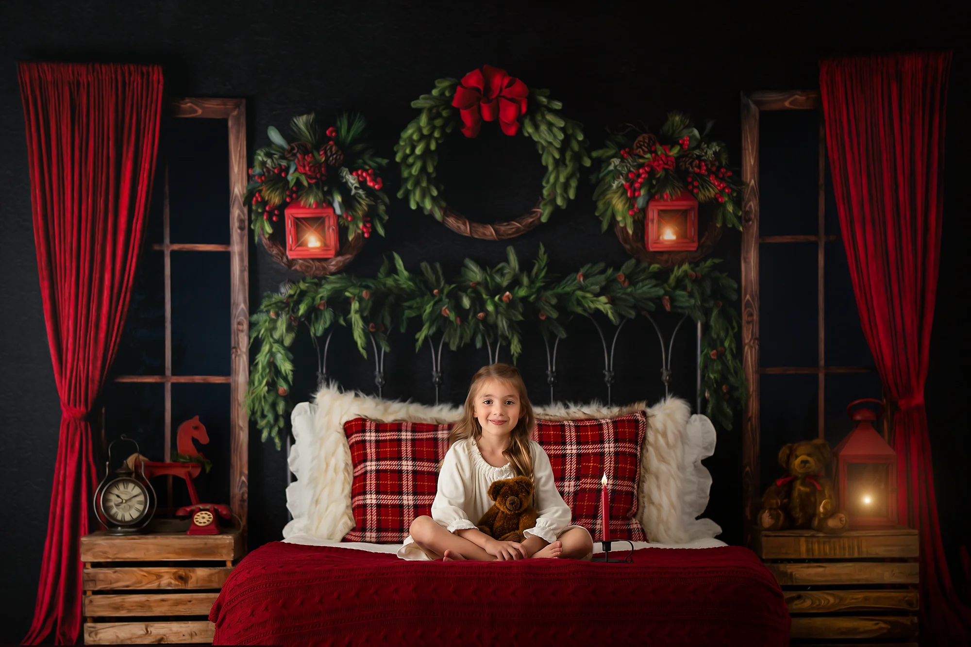 Fondos de cabecera de cama oscura de Navidad fotografía familiar para niños cortinas rojas lámpara de corona fondos de Navidad