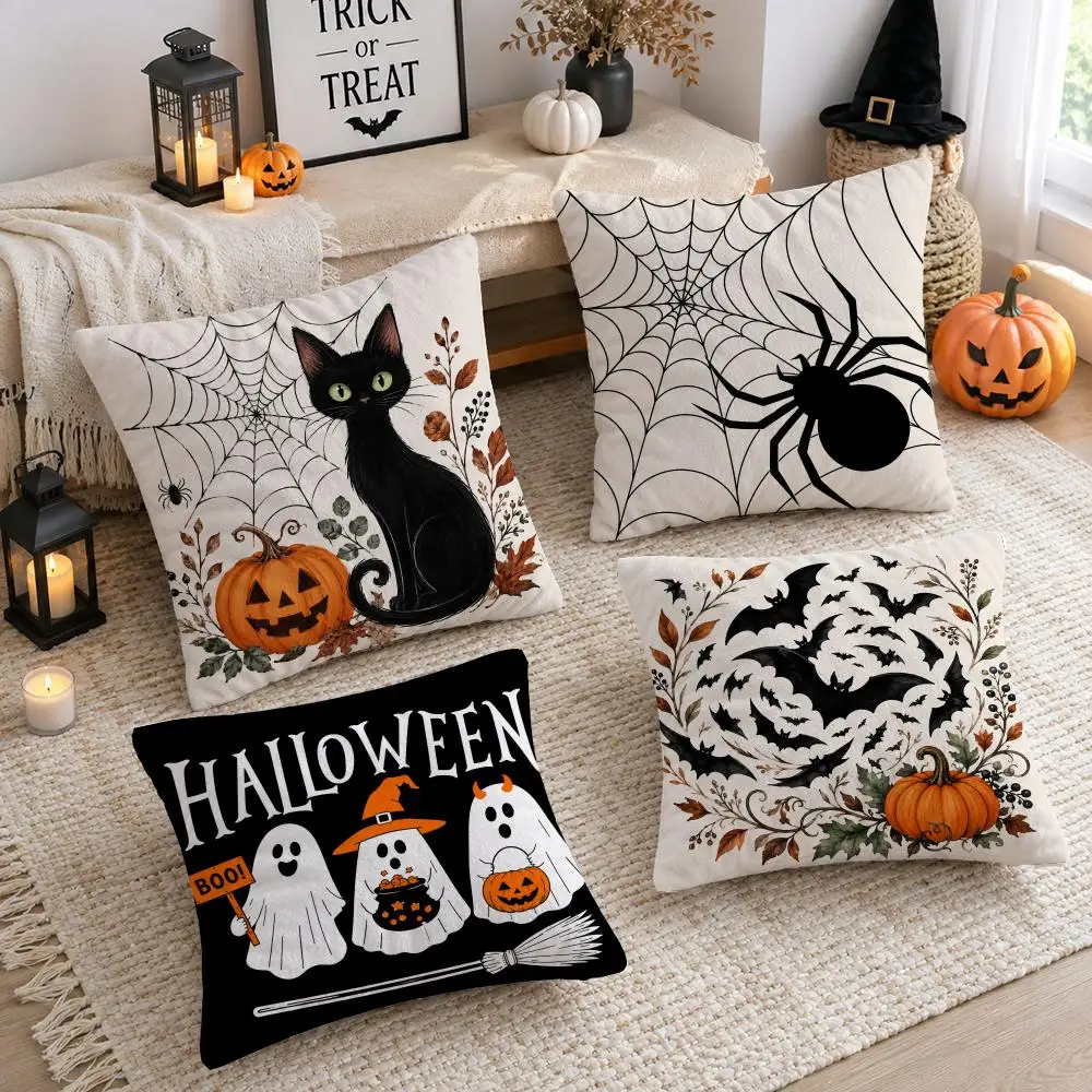 Halloween Bat Spider Cushion Cover Soft Short Plush Double-Sided Printing Home Decor Machine Washable Pillow Case Gift