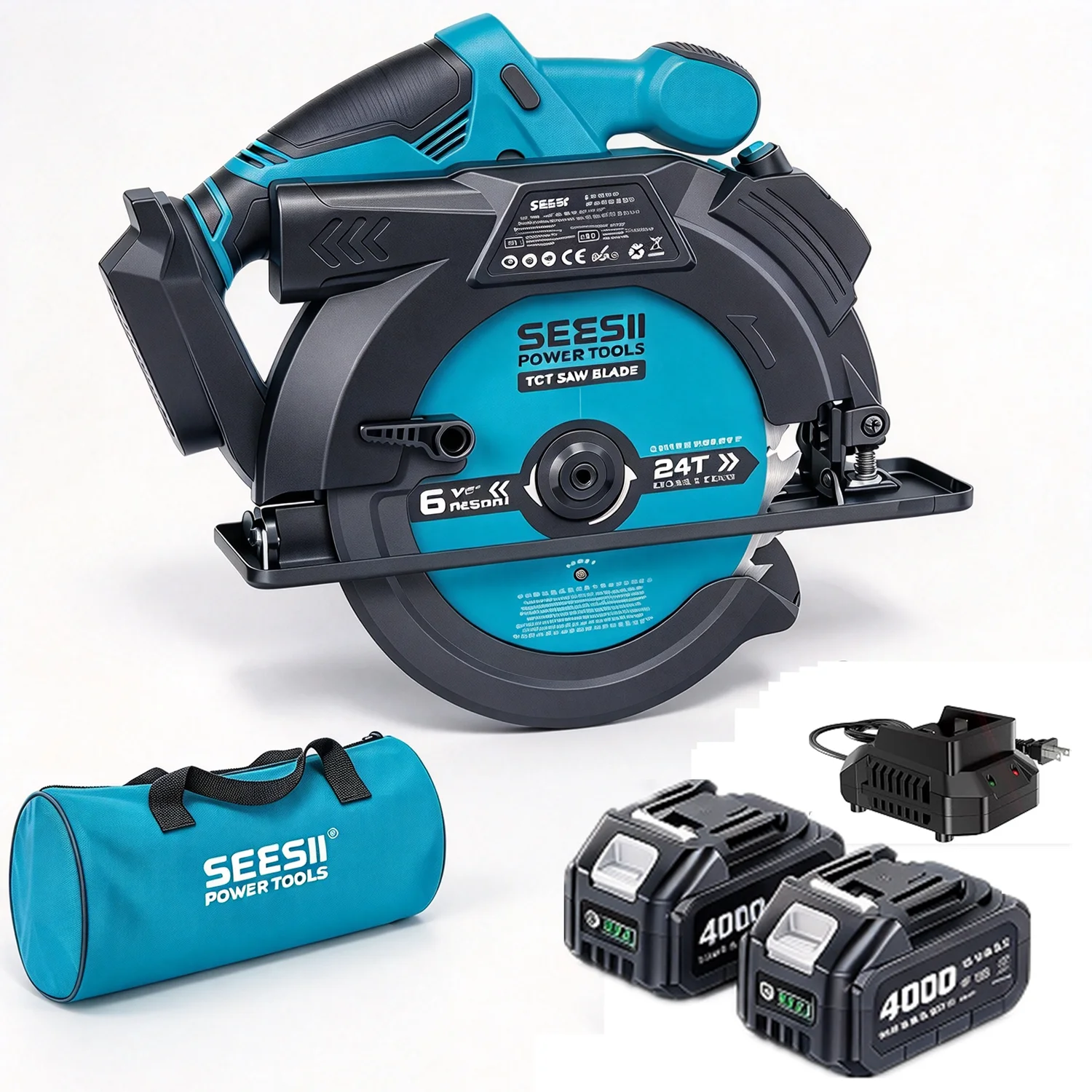 SEESII 6-1/2 Inch Electric Circular Saw Cordless Rechargeable Portable Cutting Wood Power Tool Built-in LED Illuminator 45degree Cut Adjustment Saw Safety And Ergonomic Design