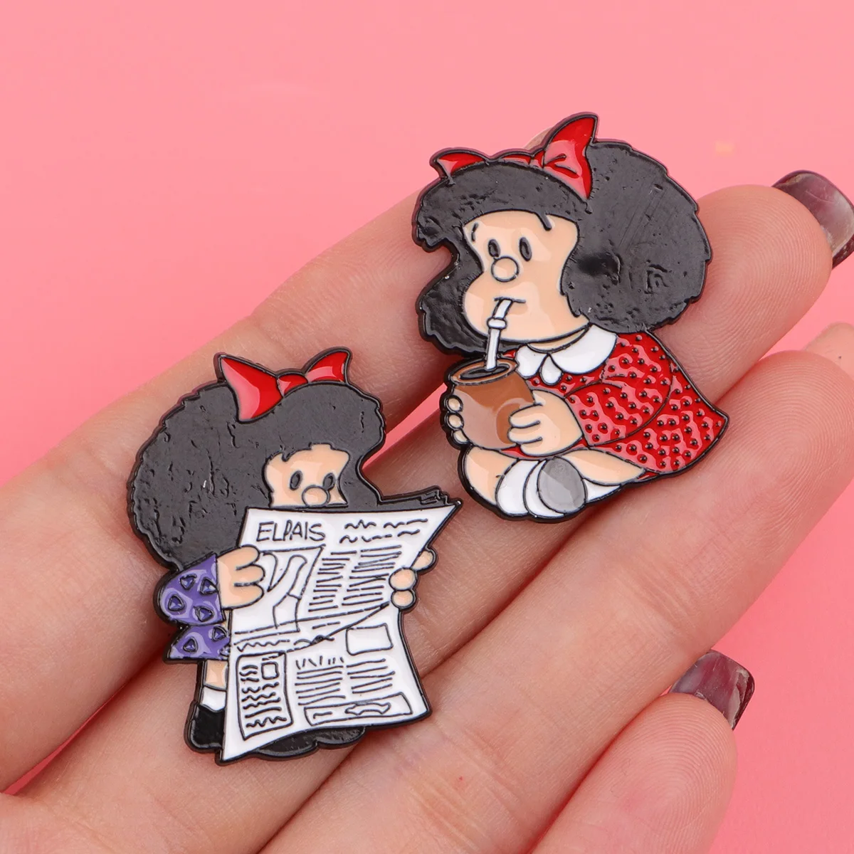 5pcs Cute Girl Enamel Pins Classic Cartoon Brooches Badge Reading Newspaper Drinking Coffee Lapel Pin Fashion Jewelry Gifts