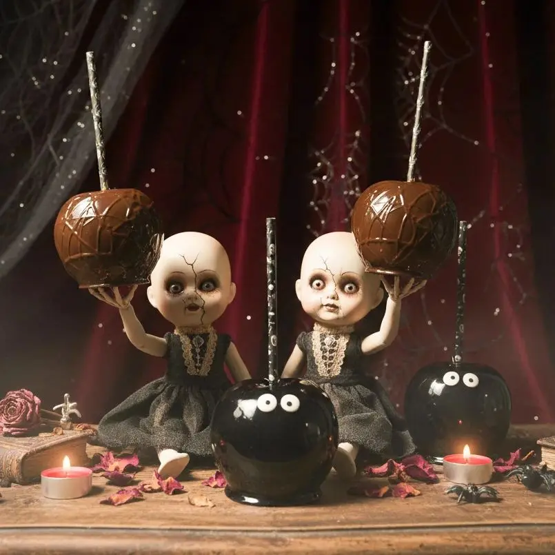 Réplica realista de manzana de caramelo negro: postre artificial de PU para vibraciones de Halloween, sesiones fotográficas, temas góticos, adornos de fiesta