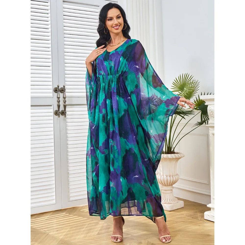 Muçulmano plus size brilhante vestido de noite para mulheres impresso casual robe dubai bat manga formal banquete kaftan cintura alta vestido de escritório