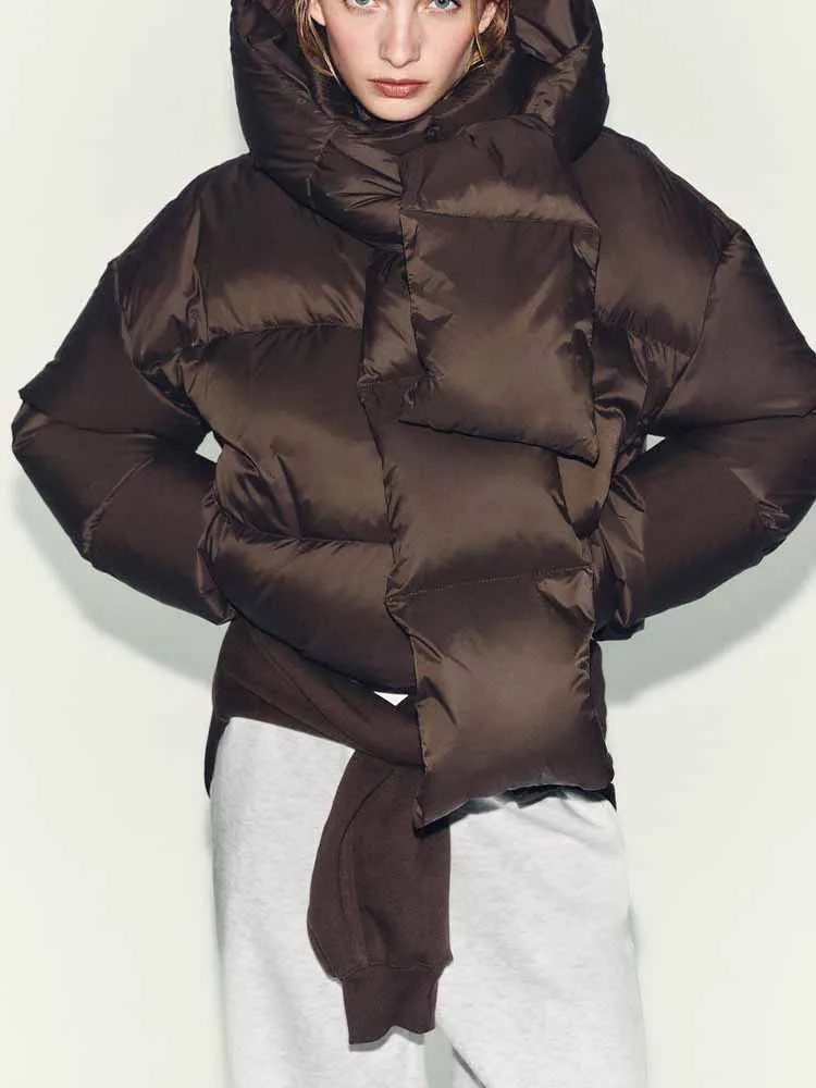 European and American style winter new women's fashion versatile loose hooded short coat with detachable scarf