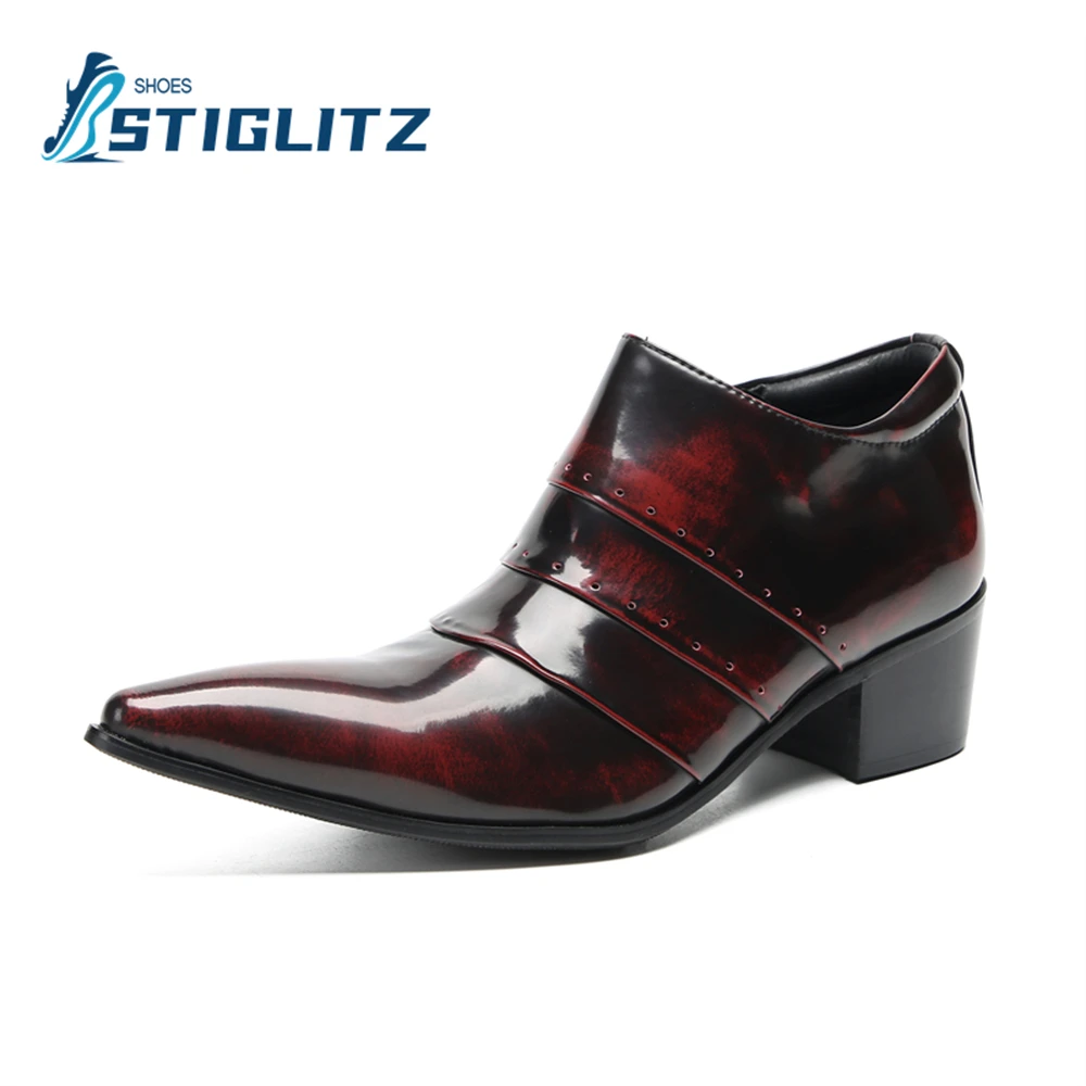 Vintage Patent Leather High Heel Chelseas Mules for Men Point Toe Square Heel Trendy Men\'s Dress Shoes Genuine Leather Loafers