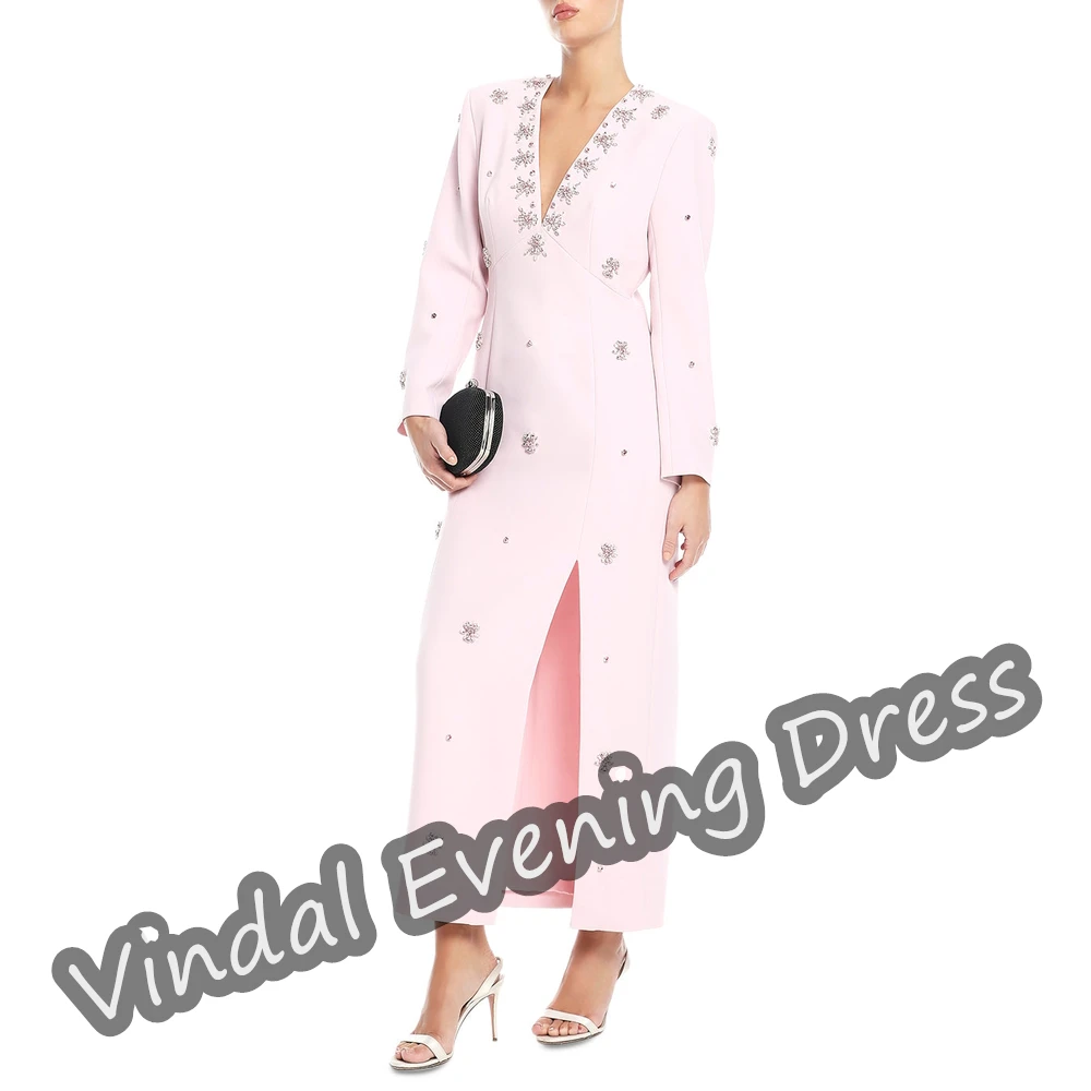 Vindal Evening Dress Tea Length V-neck Mermaid Elegant Zipper Up Built-in Bra Crepe Saudi Arabia Long Sleeves For Woman 2024