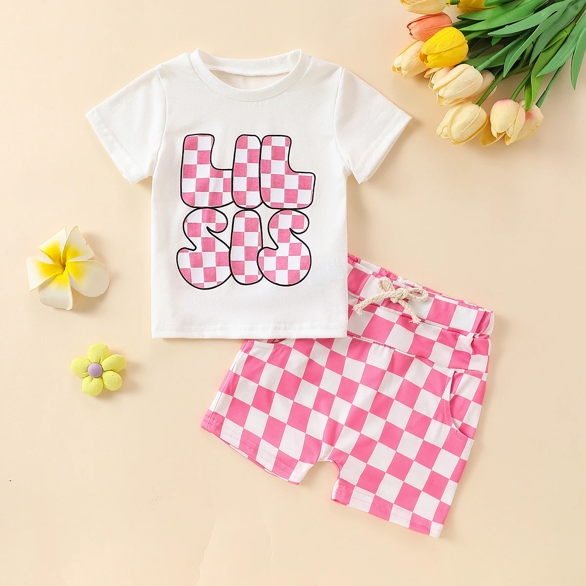 

Летний комплект для девочек: футболка с принтом LILSLS и розовые шорты в клетку, милый повседневный комплект из двух предметов для малышей
