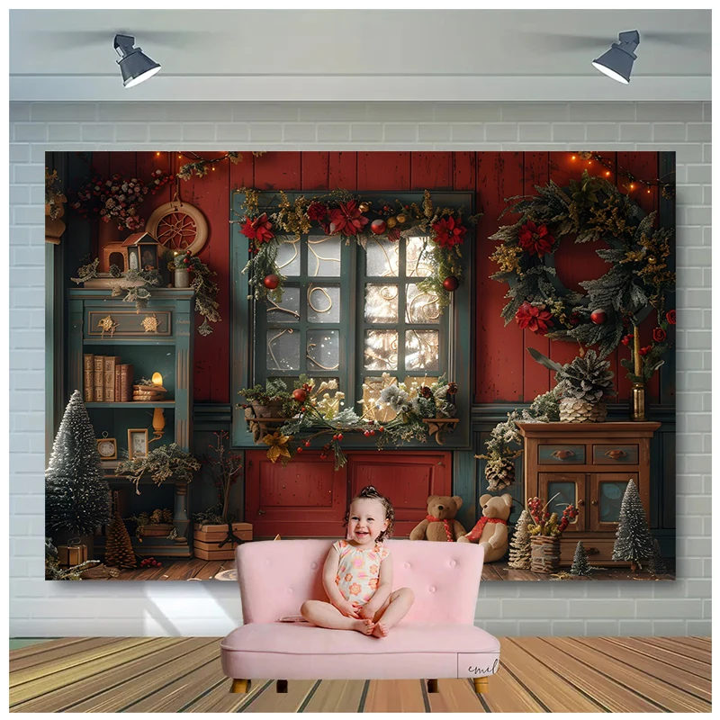 

Christmas Wooden House Backgrounds For Photographs Red Wall Home Birthday Party Tree Photo Backdrops Decoration Photocall Studio