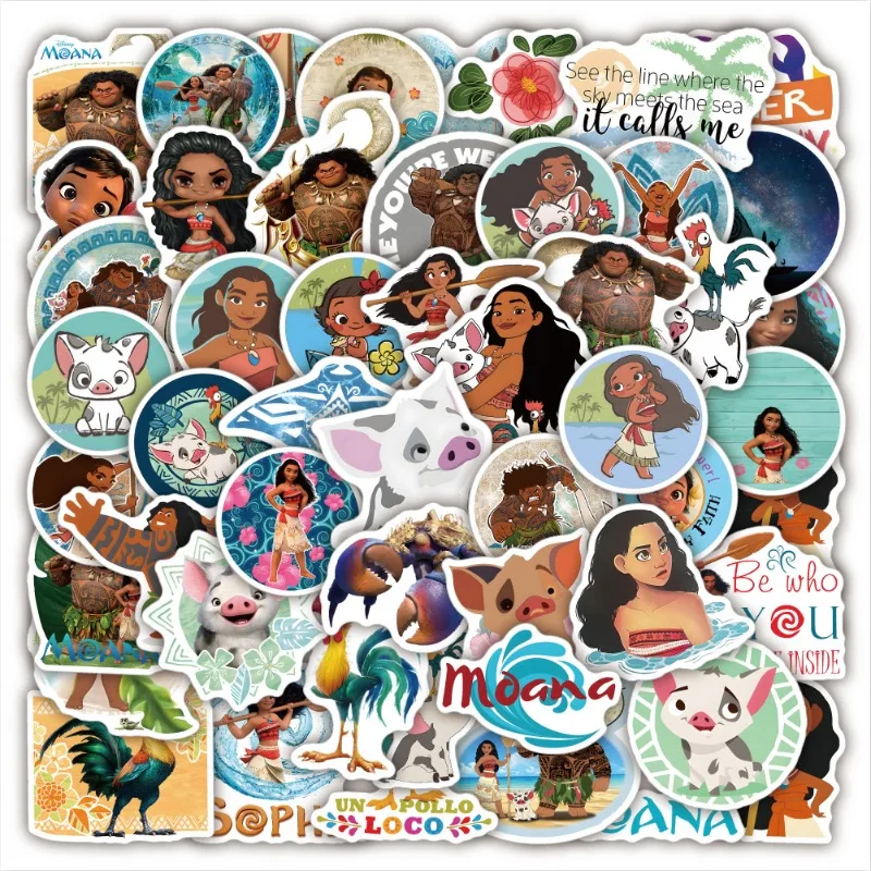 50pcs Moana 2 Stickers Disney Figure Sticker Skateboard Fridge Suitcase Phone Notebook Graffiti Sticker Kids Girls Birthday Gift