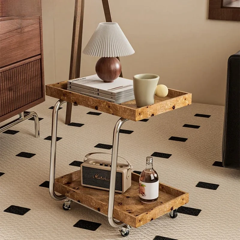 Mid-Century Wood Side Table, Rolling 2-Tier End Table for Living, Mobile Storage Shelf with Wheels, Small Coffee Table for Couch