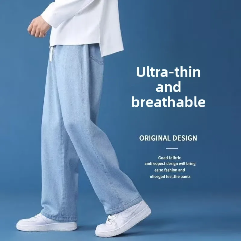 

American Style Straight Leg Jeans Men Summer Thin High Street Trend Loose Casual Long Pants Light Color Slimming Boys Jeans