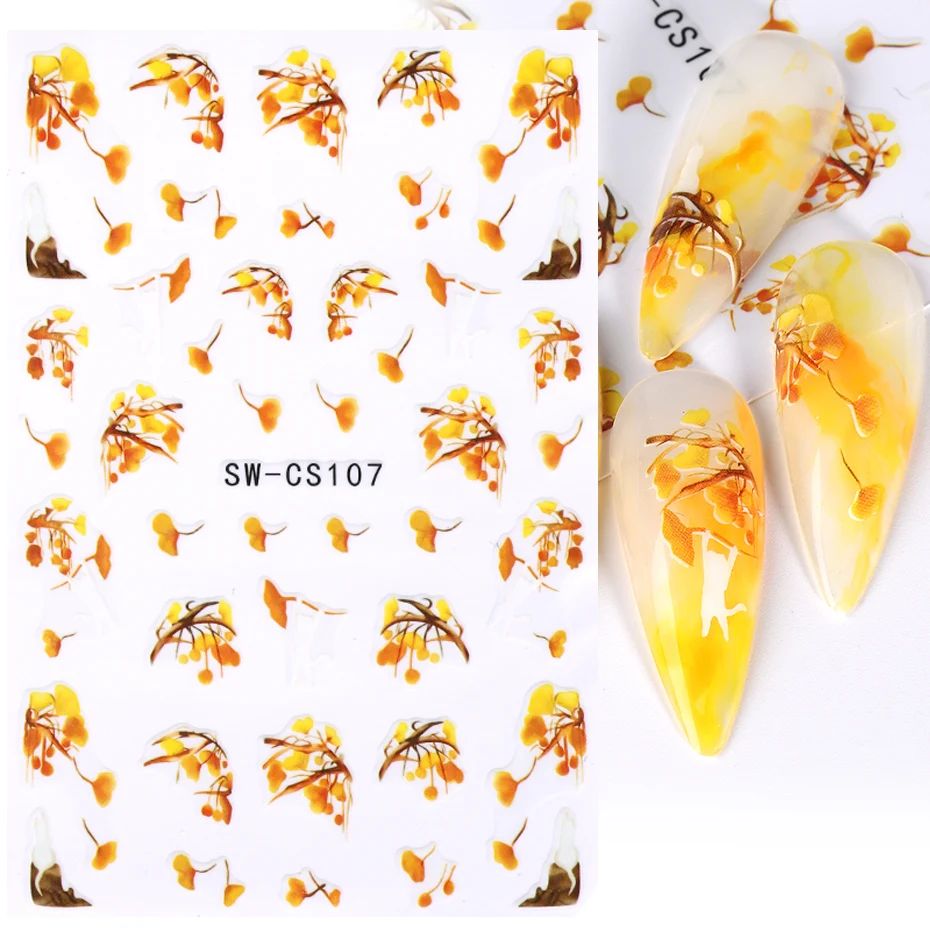 Наклейки для ногтей с золотыми листьями на осень, 3D кленовые листья, цветочные лепестки, пламя, сглаза на Хэллоуин, самоклеящиеся маникюрные слайдеры