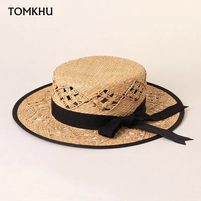 European American Summer Fashion Flat Top Handmade Raffia Hollow Bow High Quality Wide Brim Sun Hats For Women Luxury Straw Hat