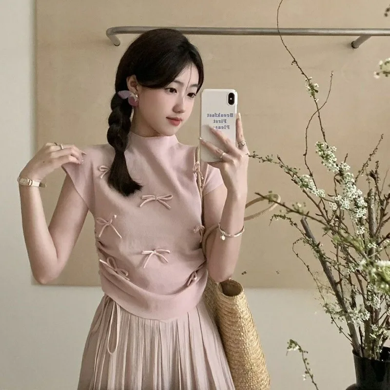 Korean Style Sweet Temperament Bow Stand-up Collar Sleeveless Knitted T-shirt Women's Summer 2025 New Versatile Top